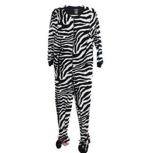 Zebra Print Plush Size M Fleece Onesie Pajamas W/ Footed Design & Zip Closure